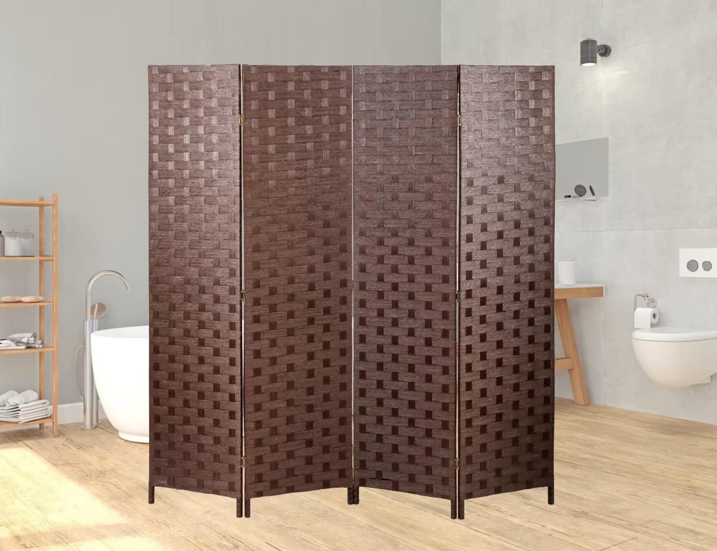 Room Dividers Handwork Wood Mesh Wovenroom Partitions and Dividers with Double Sides Weaved,Foldable Portable Indoor Room Screen Divider for Bedroom,Office,Home(BROWN, 4 Panels)