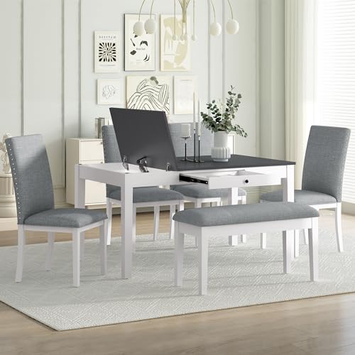 6-Piece Dining Table Set, Wood Kitchen Table Set with Storage Table, Storable Bench and 4 Upholstered Dining Chairs, Rectangle Dining Table with Drawers for Dining Room (Natural+Beige-WG)