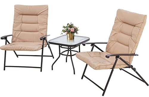 Oakcloud 3-Piece Patio Bistro Set Padded Folding Chair Set Adjustable Reclining Lounge Chairs with Cushion & Tempered Glass Coffee Table, Red