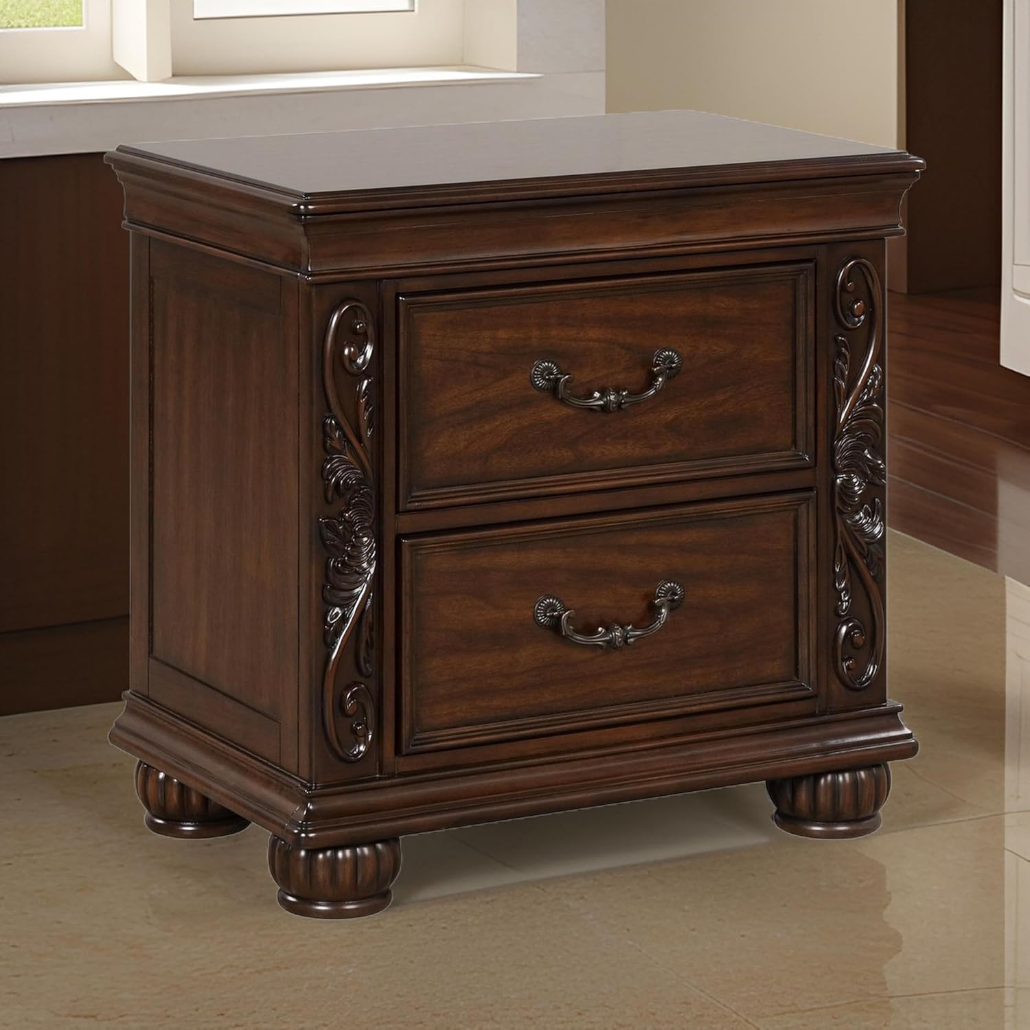 Benjara BM309533 27 in. Akil 2-Drawers Floral Carved Classic Wood Nightstand Cherry Brown