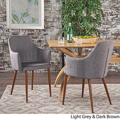 Christopher Knight Home Raina Mid-Century Modern Fabric Dining Chairs with Wood Finished Metal Legs, 2-Pcs Set, Light Grey / Dark Brown