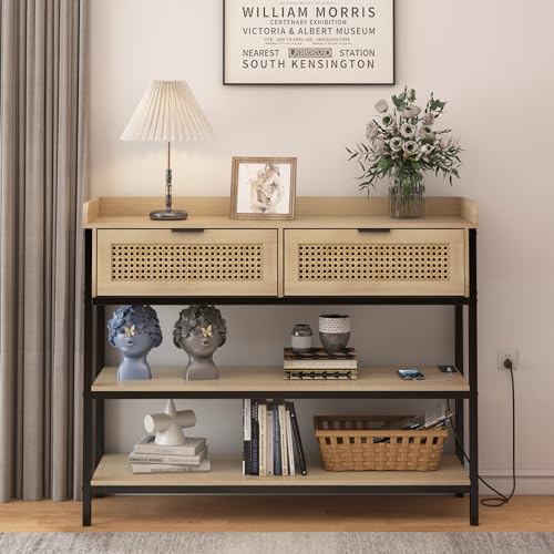 Entryway Table with Drawers, Console Table with Outlets and USB Ports Sofa Tables Narrow Long with Storage Shelves & LED Lights for Living Room Hallway Foyer Kitchen, Black