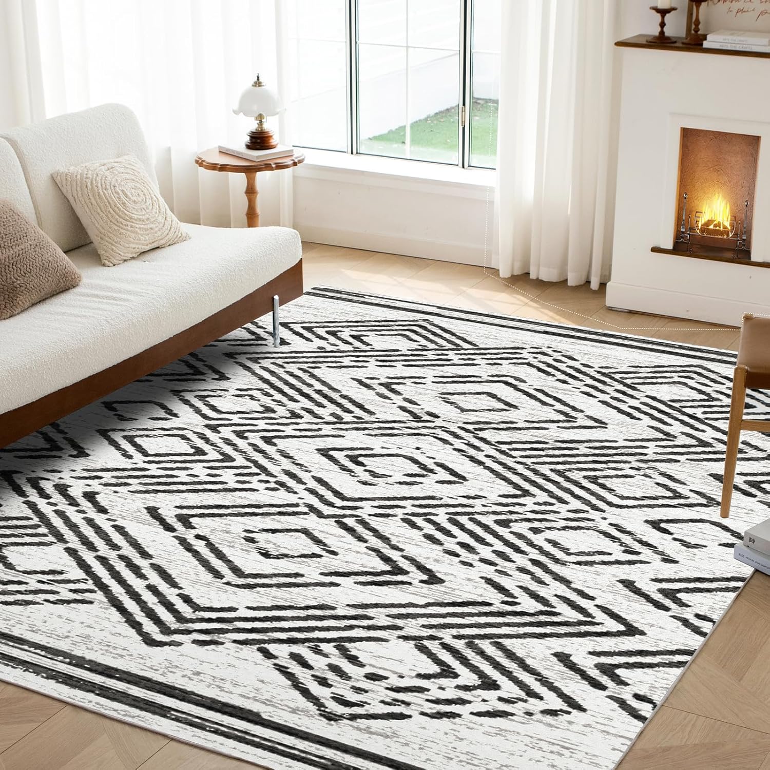 Boho Area Rug, Non Shedding 6x9 Washable Rug with Non Slip Backing, White and Black Modern Geometric Carpet, Indoor Bohemian Rug for Living Room Entryway Bedroom Kitchen - White, Black