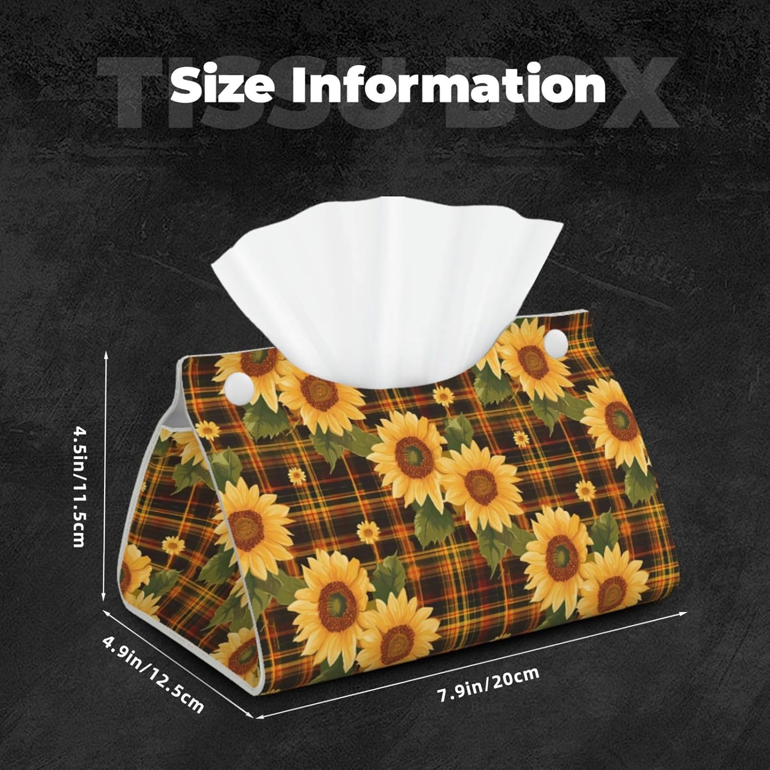 Leather Tissue Box Cover - Yellow Black Plaid Sunflower Long PVC Tissue Box Holder for Bedside Tables, Dining Desks, Tables, Modern Tissue Holder Cover for Bedroom, Office, Living Room Decor