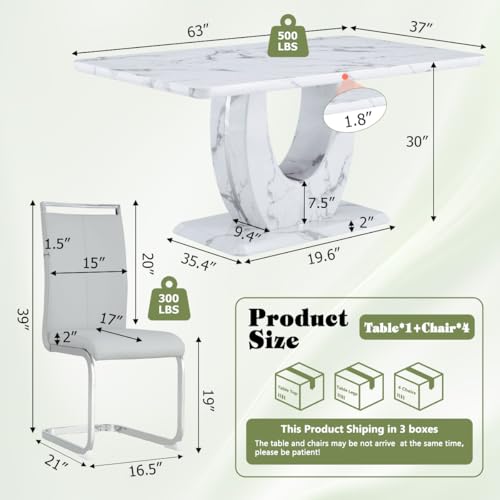 Dining Table Set for 4,White Faux Marble Dining Room Table Set for 4，63