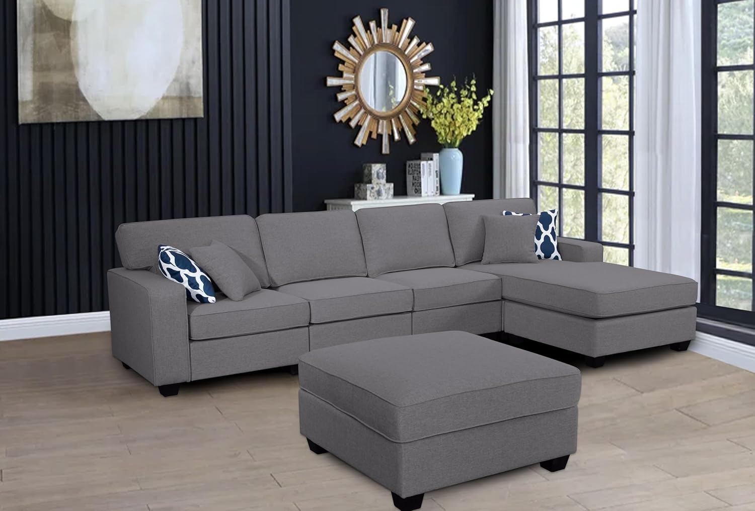 130'' Reversible Modular Sofa Couche with Ottoman Sectional, Dark Grey