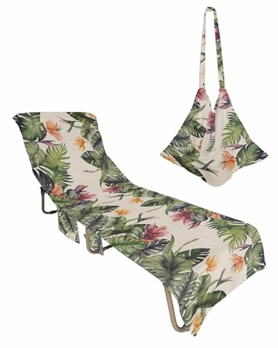 Tropical Beach Chair Towel Covers for Chaise Lounge With Side Pocket, Soft Plush Pool Towels Cover for Patio Sunbathing Outdoor Summer Green Palm Tree Leaves Farmhouse 29''x85''