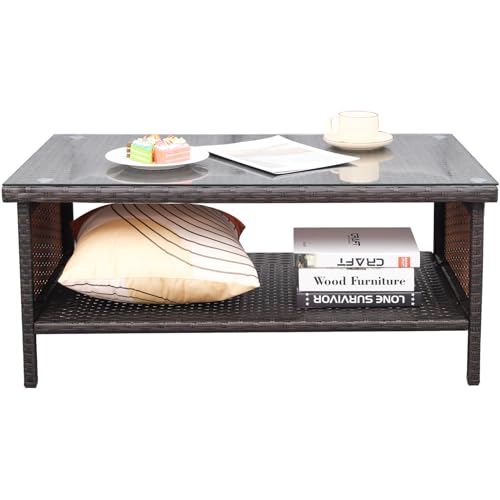 WAROOM Outdoor PE Wicker Coffee Table - Patio Rattan Garden Side End Tea Table with Glass Top Furniture, Brown