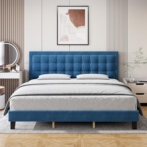 Queen Size Bed Frame with Button Tufted Headboard, Upholstered Low Platform Bed Frame, Wooden Slat Support, Noise Free, No Box Spring Needed, Easy Assembly, Light Gray