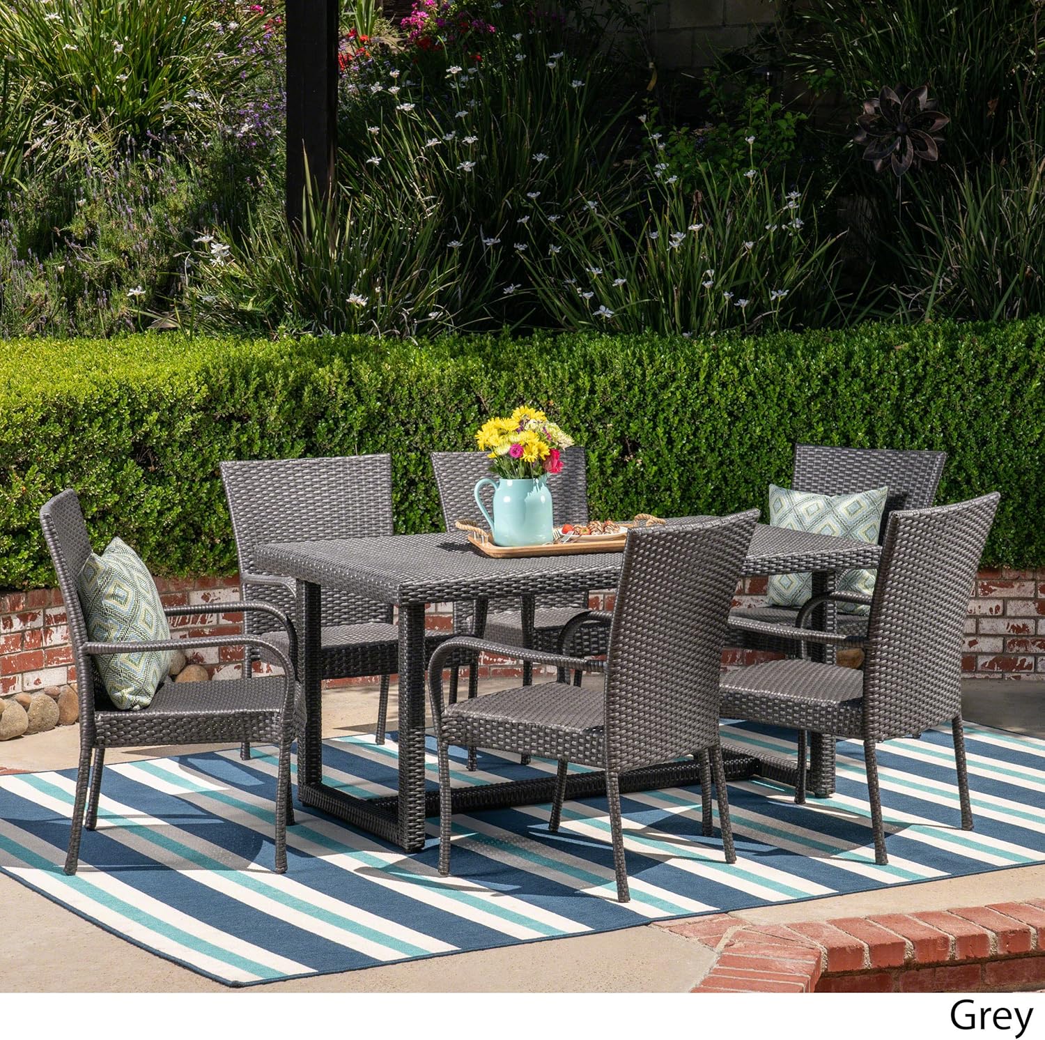Christopher Knight Home Liam Outdoor 7 Piece Wicker Dining Set, Grey