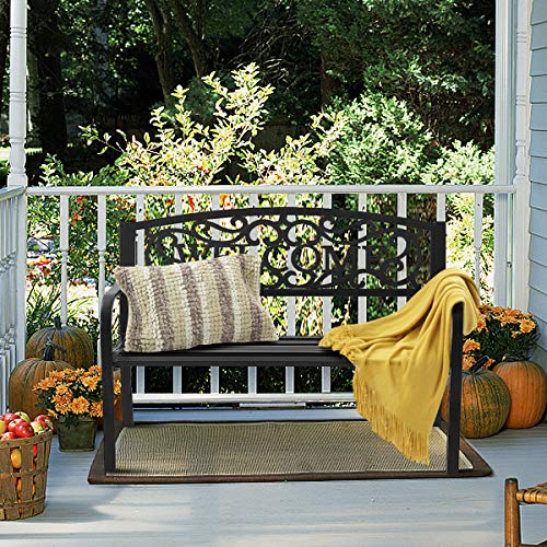 S AFSTAR Garden Bench, Outdoor Metal Porch Bench for Park Garden Yard, Patio Bench with Weather-Resistant Cast Iron Backrest and Welcome Pattern, Front Door Bench Park Bench for Outside (Bronze)