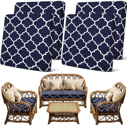 4 Pcs Patio Stretch Sofa Cushion Covers Moroccan Pattern Outdoor Cushion Covers Replacement Patio Furniture Cushion Couch Slipcovers Chair Seat Cover Soft Flexibility Protector (Navy Blue)