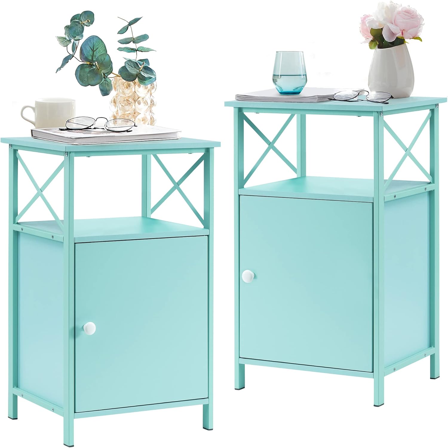 VECELO Nightstand,End Tables with Storage Door,2 Pc Lovely Night Stands for Kids,Bedroom,Living Room,16 x 13 x 26 Inches,Blue 2set, 2 Set
