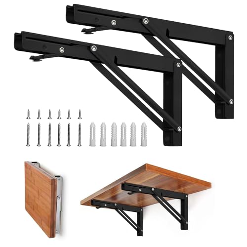 Folding Shelf Brackets - Heavy Duty Metal Collapsible Shelf Bracket for Bench Table, Shelf Hinge Wall Mounted Space Saving DIY Bracket, Max Load: 150 lb 2 PCS (10 Inch, Black)