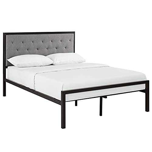 Modway Mia Upholstered Brown Beige Tufted Platform Bed with Metal Slat Support in Queen