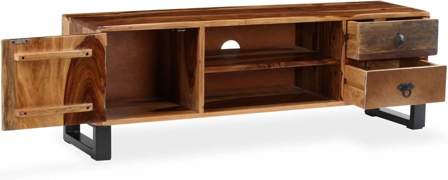 Tidyard TV Stand with Door Cabinet, 2 Drawers and Storage Shelf Sheesham Wood Television Cabinet Steel Frame Sofa End Table for Living Room Home Furniture 47.2 x 11.8 x 15.7 Inches (W x D x H)