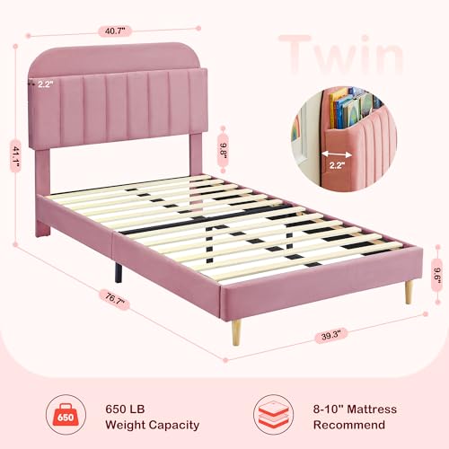 Twin Size Bed Frames, Velvet Upholstered Platform Bed Frame with Storage Headboard and Strong Wooden Slats, Noise-Free/Easy to Assemble/No Box Spring Needed, Blue