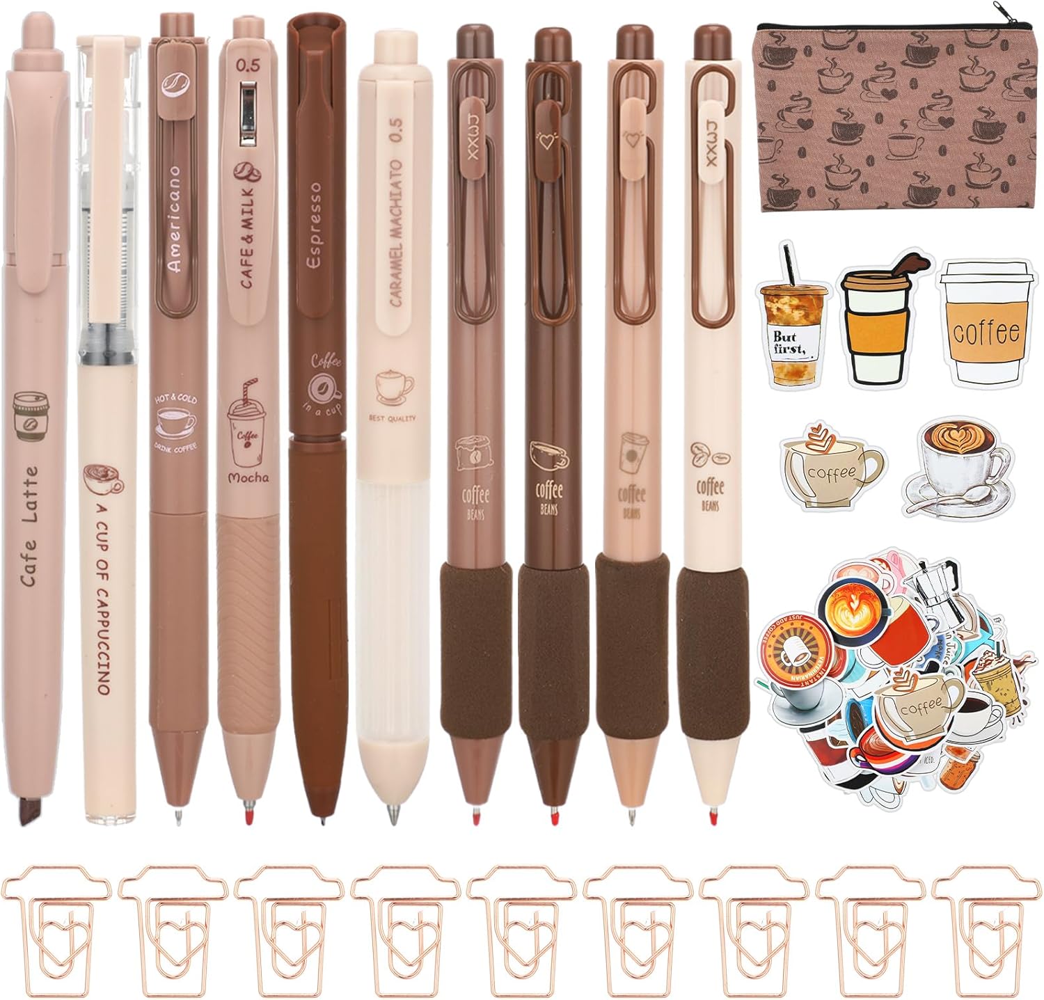 71 Pcs Coffee Stationery Set Cute Aesthetic Stationery Set with Coffee Theme Pens Paper Clips Pencil Case for Office School Coffee Gifts