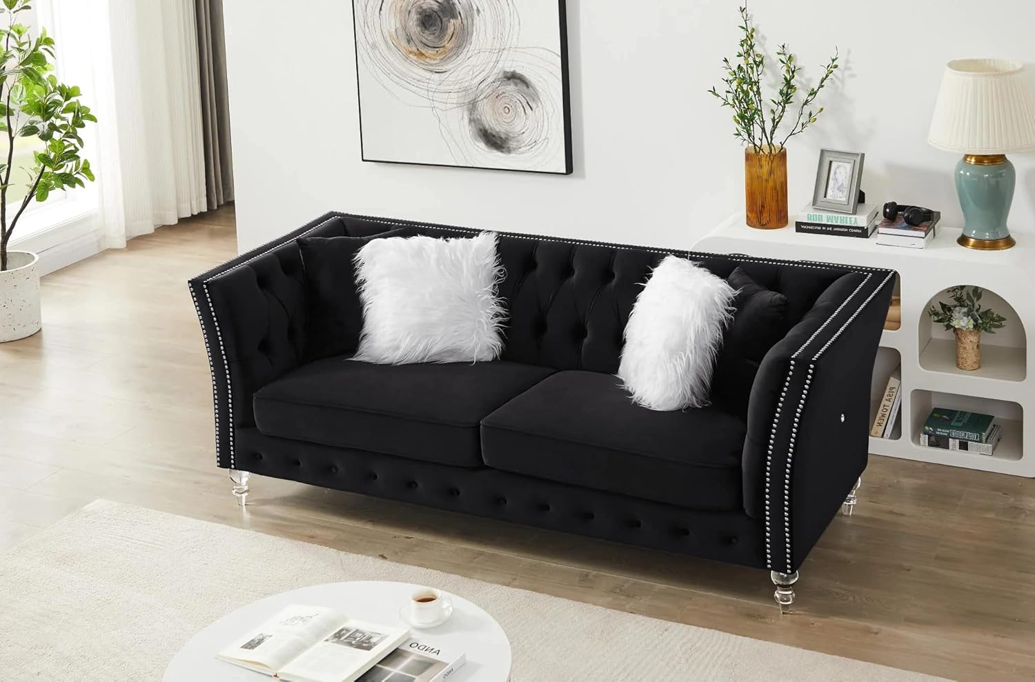 Solid Color Tufted Sofa for Living Room Black