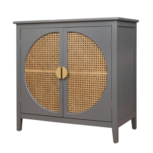 ZeHuoGe Sideboard Buffet Accent Cabinet with Rattan, Sideboard Buffet Storage Cabinet, for Dining Room, Living Room, Kitchen (Gray)