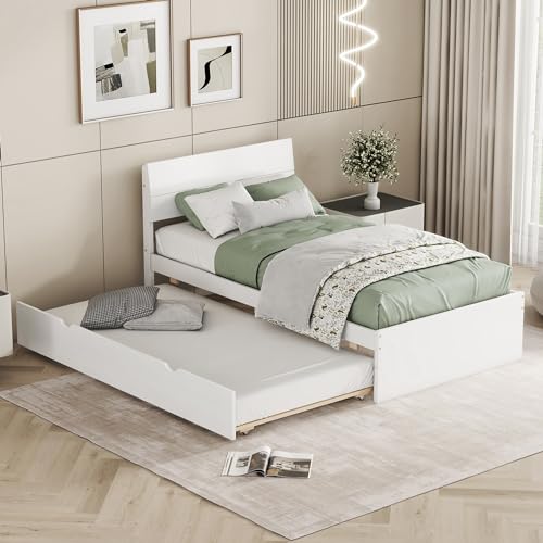 HomSof Modern Twin Bed Frame with Trundle for White High Gloss with Light Oak Color