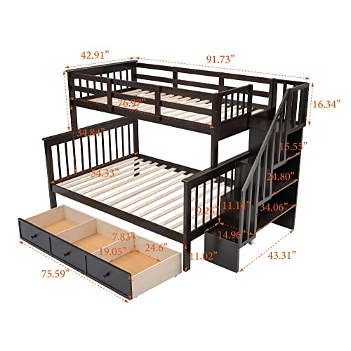 Harper & Bright Designs Full over Full Bunk Bed with Stairs, Solid Wood Bunk Bed with Storage and Guardrail for Kids Teens Adults (Espresso)