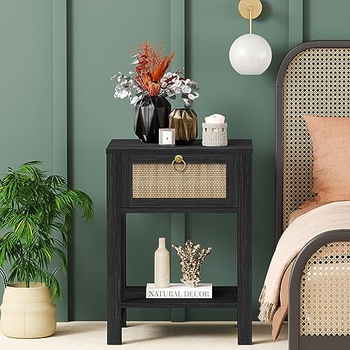 SICOTAS White Nightstand,Rattan Decor Drawer with Brass Knobs Night Stand Natural Wood Bedside Table Boho End Table Side Table with Storage Shelf