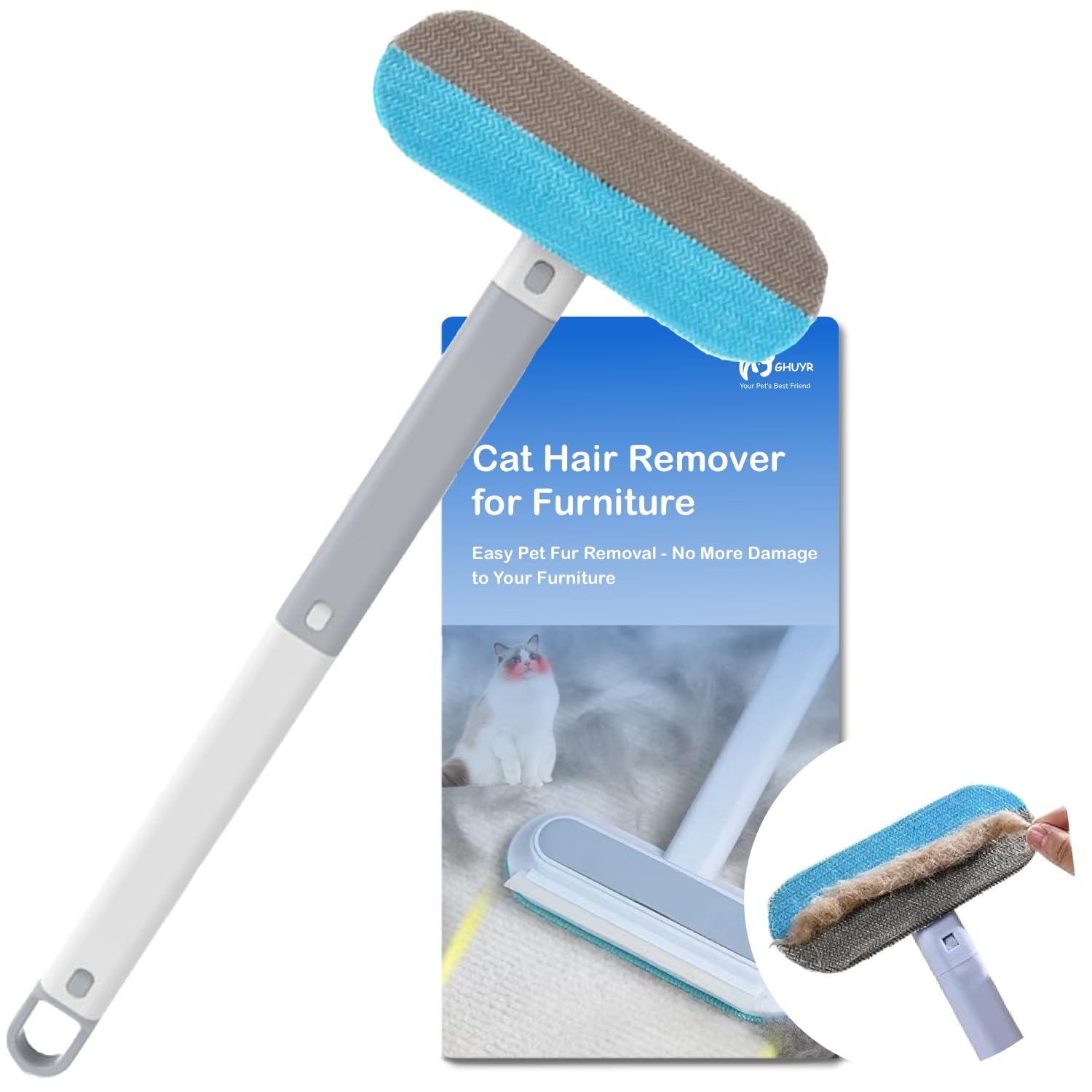 Cat Hair Remover for Furniture - 4 in 1 Long Handle Fur Cleaner, Couch to Carpet, Clothes & Bedding - Reusable, Washable Lint Tool, Safe on Upholstery, Floors, Car - Premium Pet Hair Solution