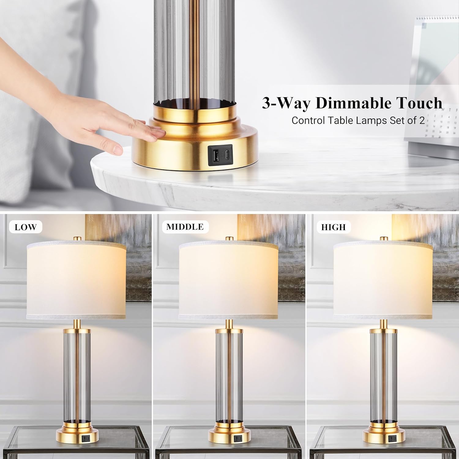 QiMH Touch Control Table Lamp Set of 2 with USB A+C Ports, 3-Way Dimmable Nightstand Lamp with Fabric Cream Shade, Modern Bedside Lamp for Living Room Bedroom Reading, LED Bulbs Included
