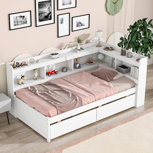 Twin Size Platform Bed with Two Storage Drawers and L-Shaped Bookcase, Wooden Captain Bed Frame with Bookcase Headboard, Corner Bed Frame for Bedroom, No Box Spring Needed (White)