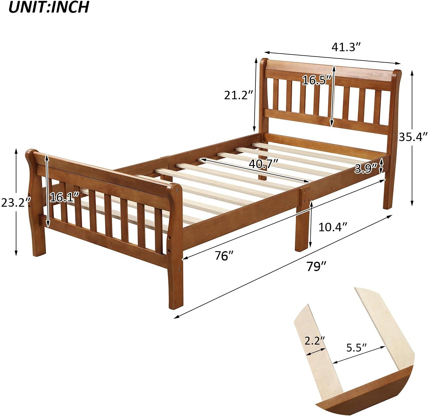 Harper&Bright Designs Twin Sleigh Bed Frame Wood Twin Size Platform Bed for Kids with Headboard and Footboard- Oak Stripe