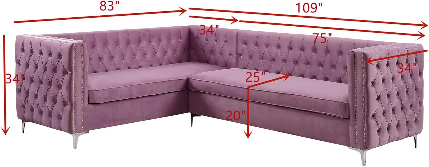 Home Sectional Sofa L Shape Velvet Upholstered Button Tufted Square Arm Design Solid Chrome Tone Metal Legs Modern Transitional Futon Bed Sleeper for Living Room, Bedroom, Apartment (Pink) (Purple)
