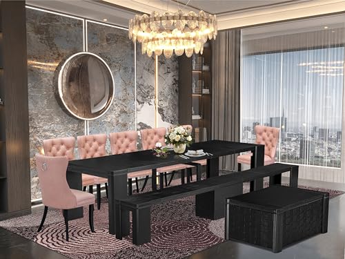 Extendable 6-Piece Set a Kitchen Coffee Table and 2 Wooden Benches and 2 Beige Red Faux Leather Dining Chairs, 39x120 Inch, Wire Brushed Black