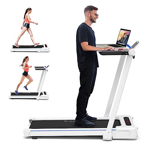 Goplus 3-in-1 Treadmill with Large Desk, 2.25HP Folding Electric Treadmills, LED Display, Remote Control, Blue Tooth Speakers, Walking Jogging Machine for Home/Office Use