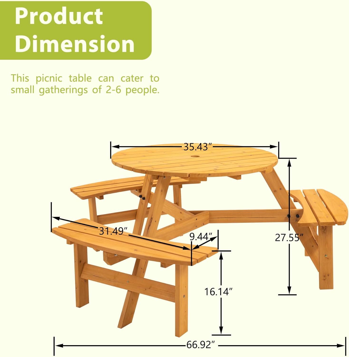 6 Person Round Outdoor Picnic Table, Wooden Outside&Table Bench Set with Umbrella Hold, DIY w/3 Built-in pews for Patio, Backyard, Porch Garden, Natural