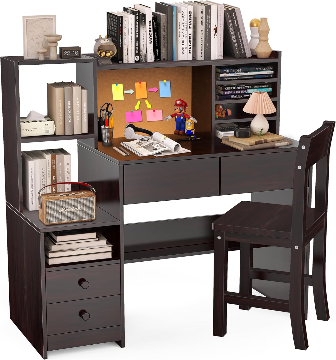 Espresso Desk and Chair Set for 5-12 Year Old, Computer Desk with Storage Shelf, Study Table with 4 Drawers-mJpx