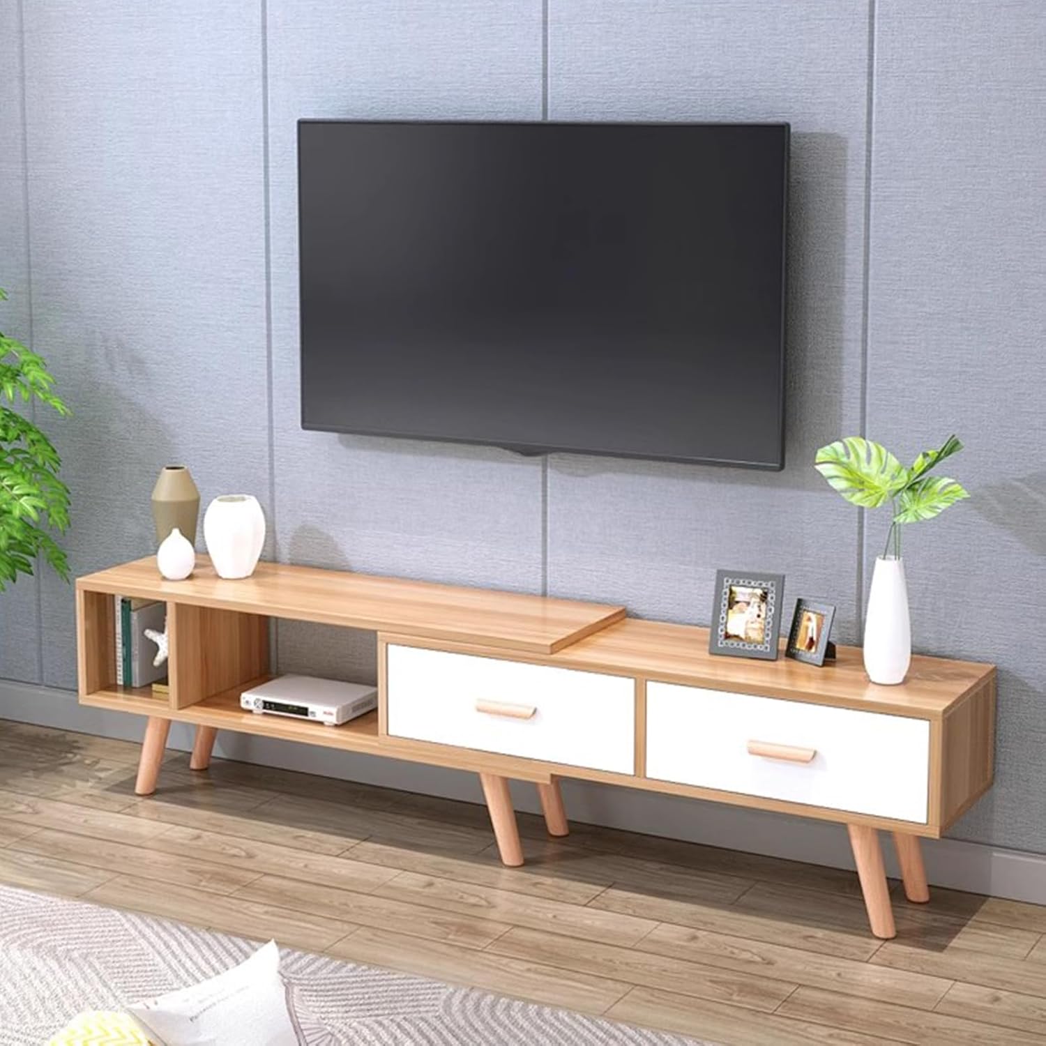 78” Modern TV Stand, Retractable Tv Storage Cabinet, Entertainment Center with 2 Drawers and Open Shelf, Wooden Media Consol, Television Furniture for Living Room Office