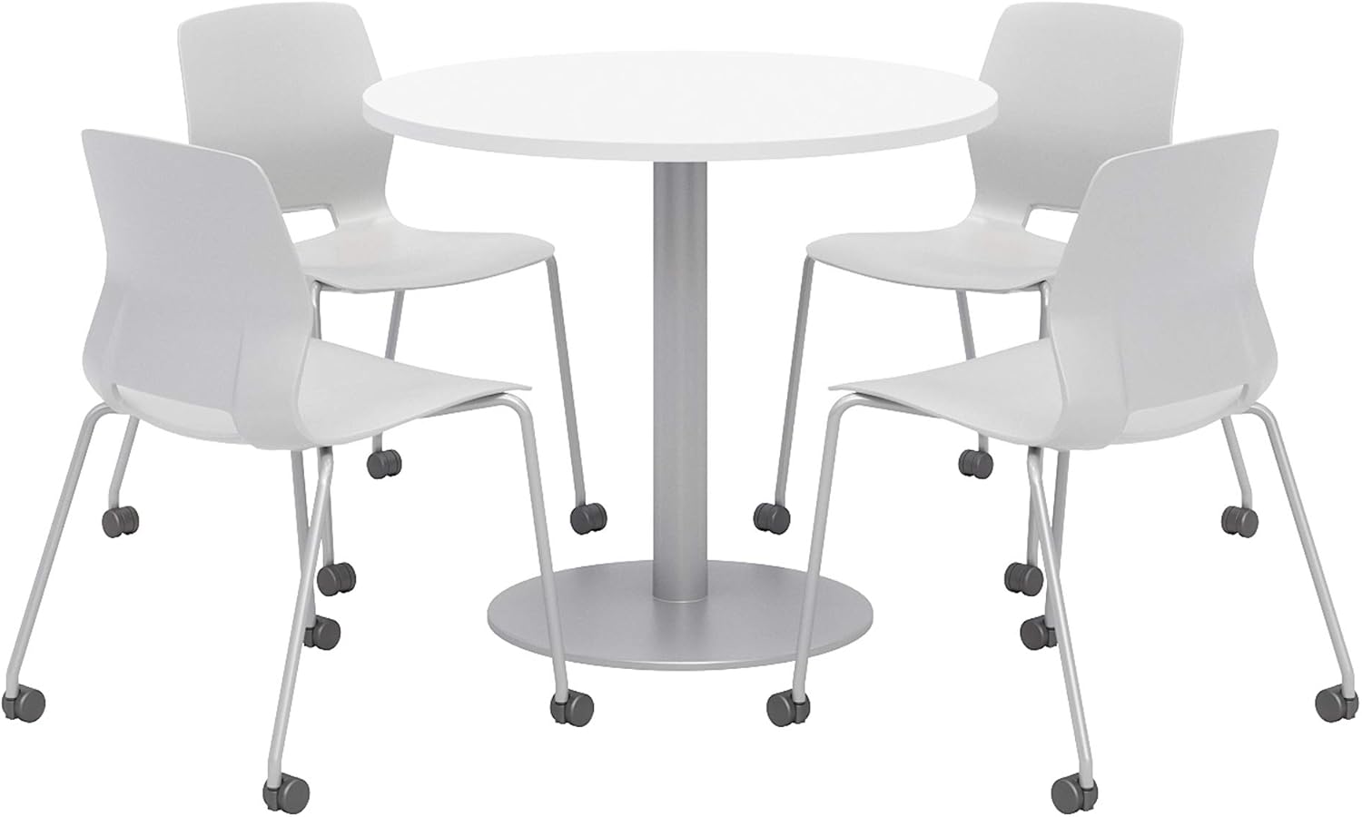 Lola Series Dining Set, Designer White Table, Light Grey Caster Chairs