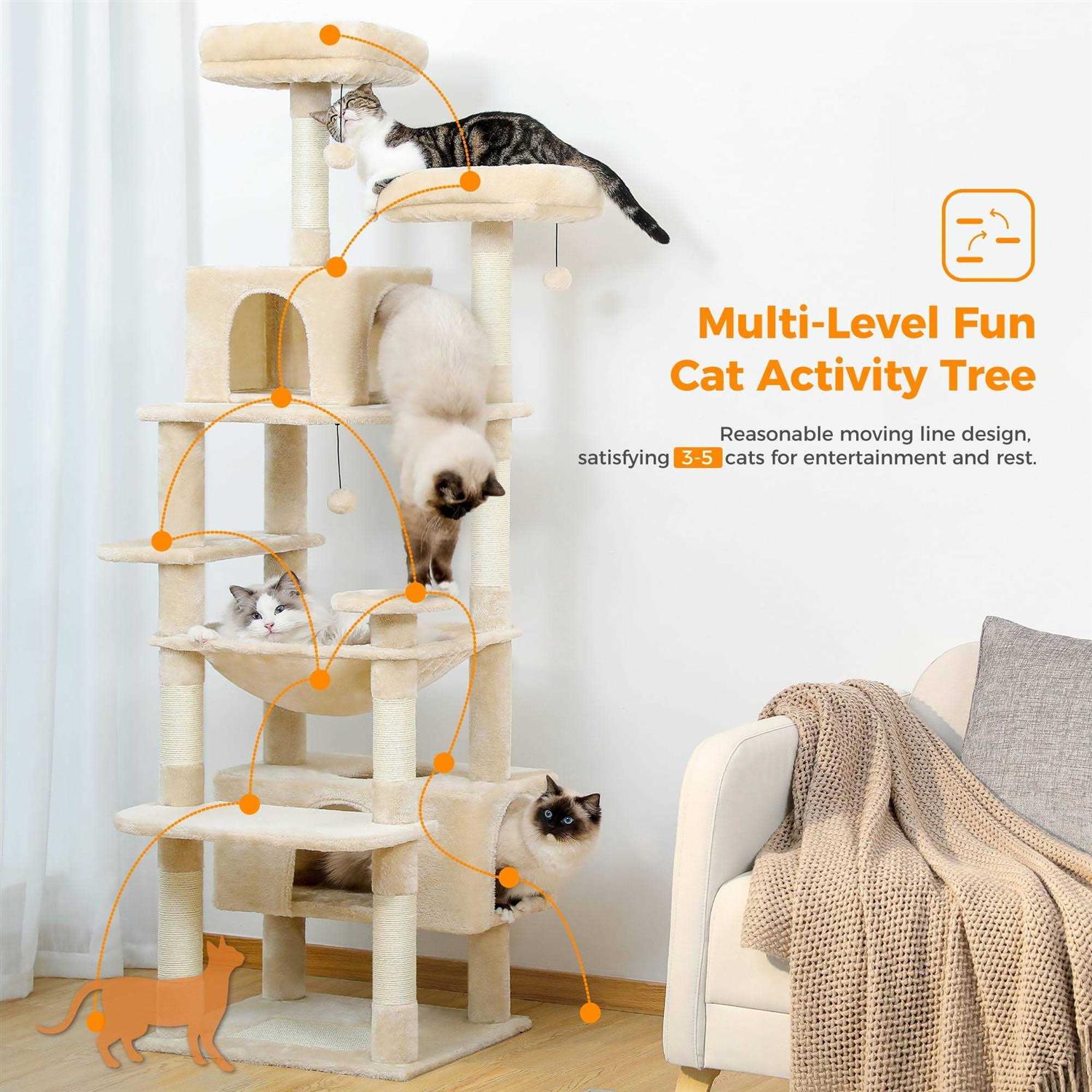 Pawz Road 73 inch Cat Tree for Large Cats Multi Level Tall Cat Tower Condo with 7 Scratching Posts - Pet Supplies online store