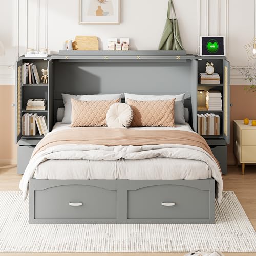 Queen Hidden Murphy Bed with Storage, Wood Wall Bed Cabinet with Drawer Shelves Charging Station,Foldable Bed Frame for Small Space,Living Room(Gray, Queen (U.K. Standard))