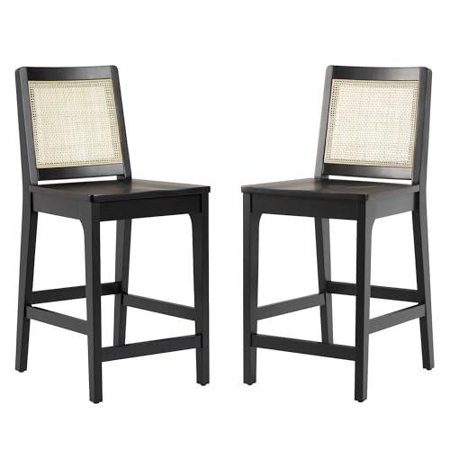 Walker Edison 2-Piece Boho Rattan Back Solid Wood Counter Stool, Set of 2, Black