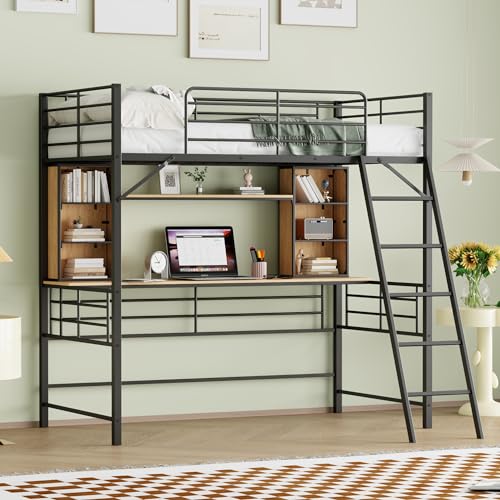 Merax Twin Size Metal Loft Bed Frame with Desk and 2 Shelves,Convertible Ladder and Guardrails for Boys and Girls,White