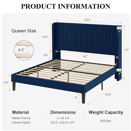 SHA CERLIN King Size Velvet Bed Frame with Vertical Channel Tufted Wingback Headboard, Upholstered Platform Bed with Wood Slats, No Box Spring Needed, Easy Assembly, Teal