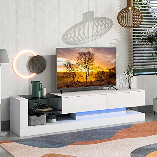 White & Black Contemporary TV Stand for TVs Up to 80 Inch, Unique Style TV Console Center Table with 3 Storage Cabinets & 2 Drawers, Modern TV Cabinet with High Gloss UV Surface