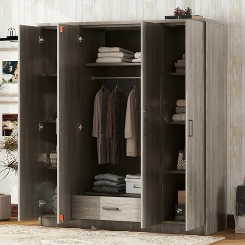LZ LEISURE ZONE Wood Wardrobe Closet with Sliding Barn Door, Freestanding Armoire Wardrobe Closet with 2 Hanging Rods, 2 Drawers and 3 Open Shelves, Bedroom Armoires Wardrobe Clothes Organizer, White