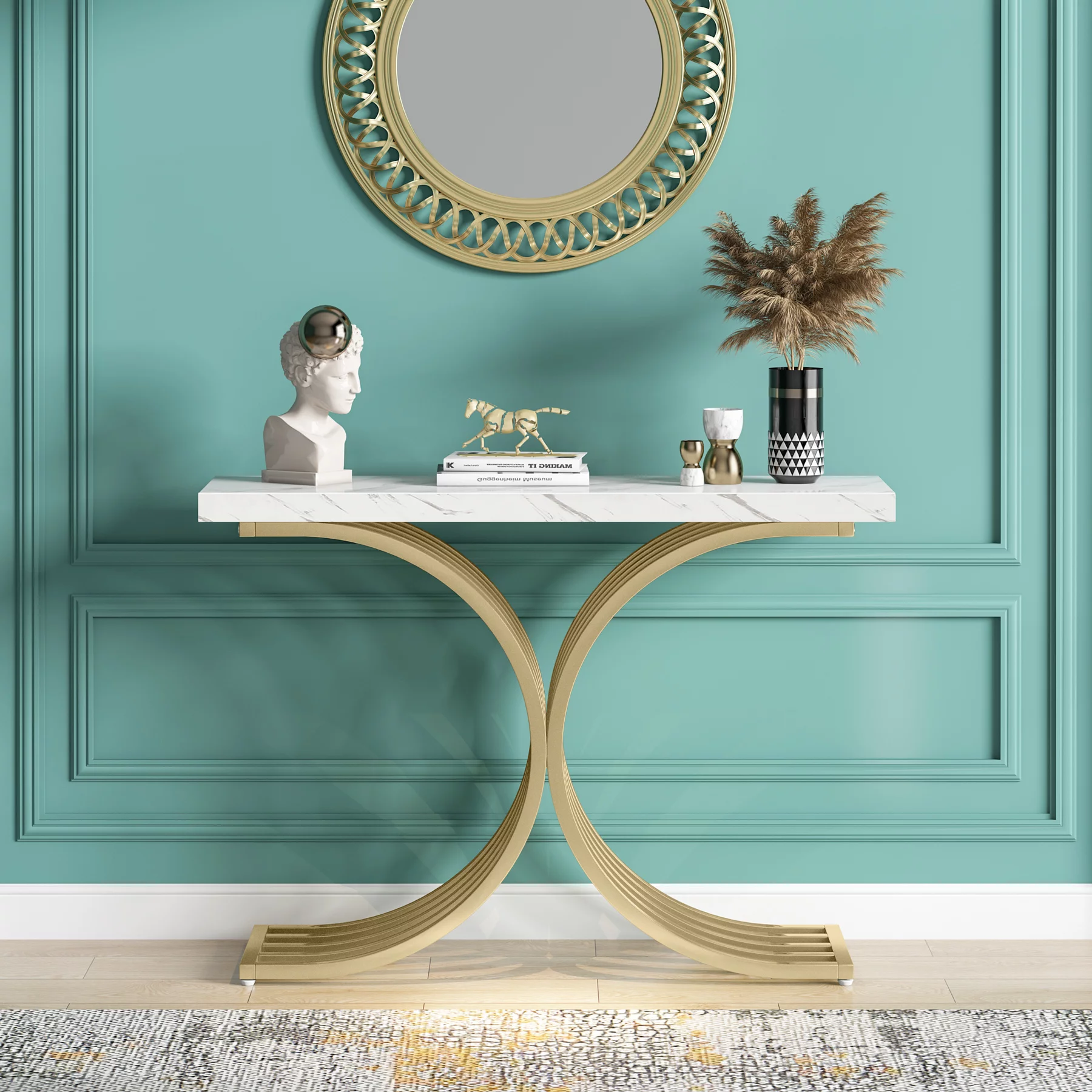 Gold Entryway Console Table with Metal Base, Modern foyer Entry tables, Narrow Sofa Accent Table with Faux Marble Top for entrance