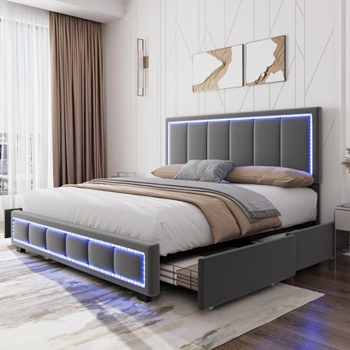 Full Size Bed Frame, Upholstered LED Bed Frame with 4 Storage Drawers, Platform Bed with Adjustable Headboard, Solid Wooden Slats Support, No Box Spring Needed, Grey