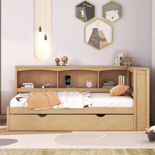 Twin Daybed with Trundle L-Shaped Corner Daybed with Bookcase and USB Ports for Kids Boys Girls