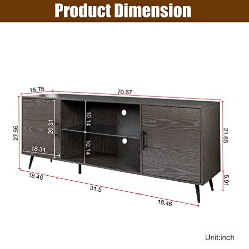Mid-Century Modern TV Stand for TVs up to 80 Inch TV, Wood Entertainment Center Console Table with 2 Cabinets & Open Shelves TV Cabinet Media Table with 2 Cable Holes, for Living Room, Bedroom