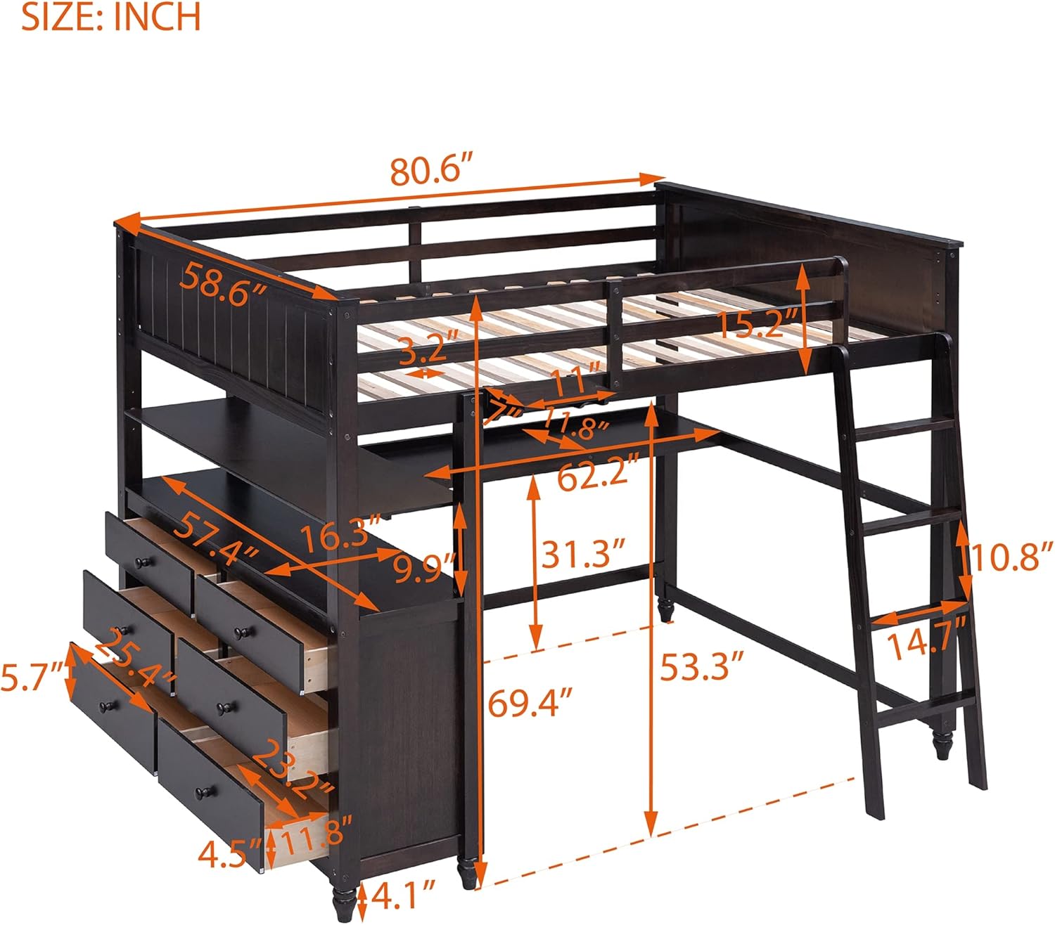 Merax Full Size Loft Bed with Desk and Storage Drawers, Wooden Loft Bed Frame with Safety Guardrails, Ladder, and Shelves, Espresso
